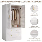 Armoire à persiennes 65", placard en bois durable avec tiroirs et tringle à vêtements, usage multiple pour la buanderie et l'entrée
