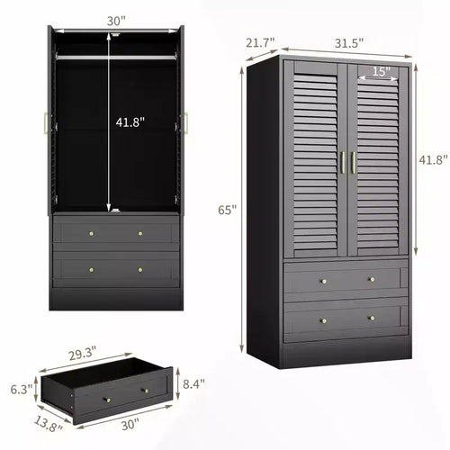 Armoire à persiennes 65", placard en bois durable avec tiroirs et tringle à vêtements, usage multiple pour la buanderie et l'entrée