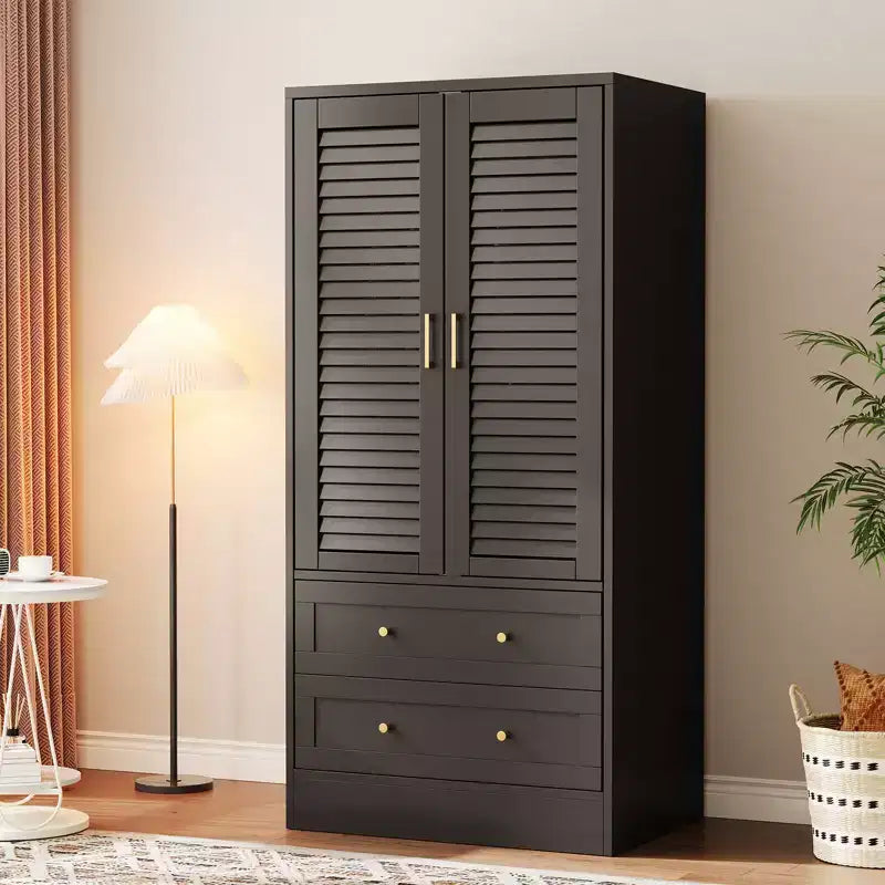 Armoire à persiennes 65", placard en bois durable avec tiroirs et tringle à vêtements, usage multiple pour la buanderie et l'entrée