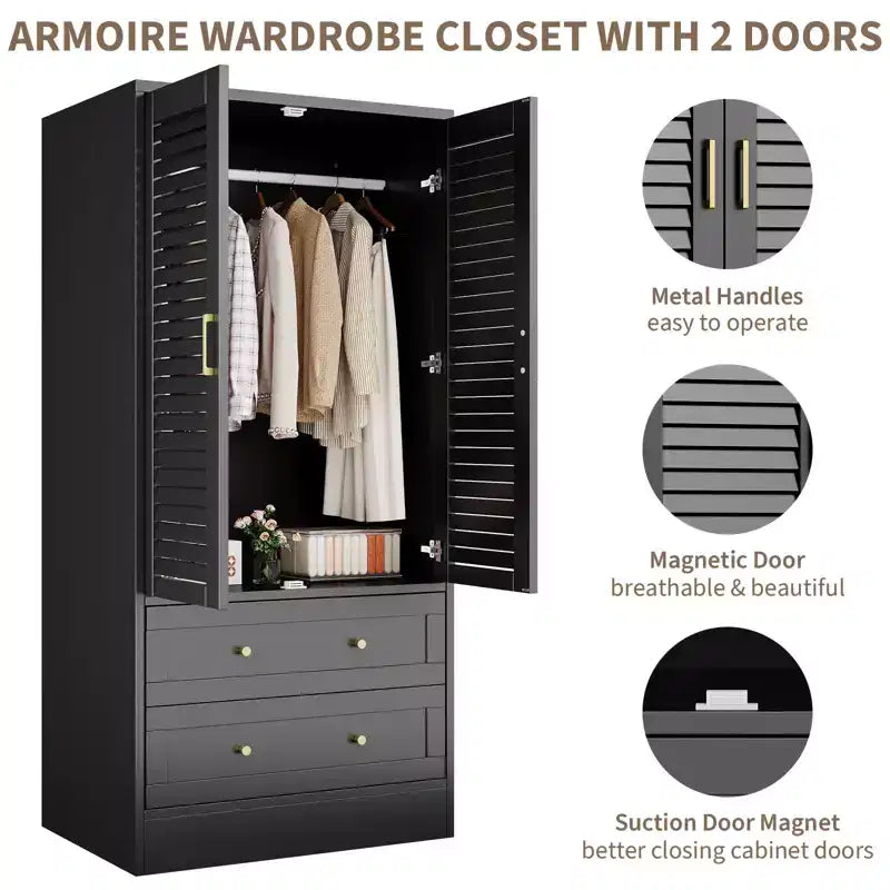 Armoire à persiennes 65", placard en bois durable avec tiroirs et tringle à vêtements, usage multiple pour la buanderie et l'entrée