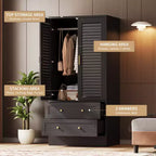 Armoire à persiennes 65", placard en bois durable avec tiroirs et tringle à vêtements, usage multiple pour la buanderie et l'entrée
