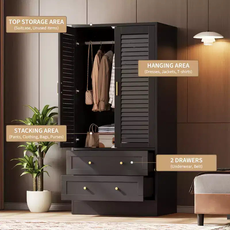 Armoire à persiennes 65", placard en bois durable avec tiroirs et tringle à vêtements, usage multiple pour la buanderie et l'entrée