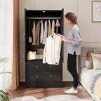 Armoire à persiennes 65", placard en bois durable avec tiroirs et tringle à vêtements, usage multiple pour la buanderie et l'entrée