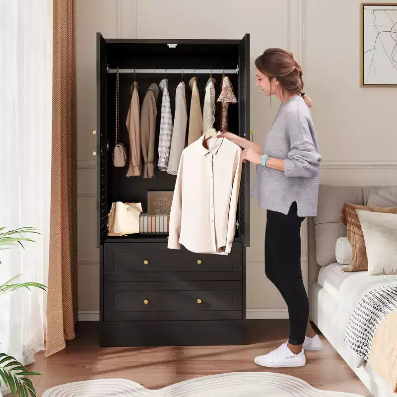 Armoire à persiennes 65", placard en bois durable avec tiroirs et tringle à vêtements, usage multiple pour la buanderie et l'entrée