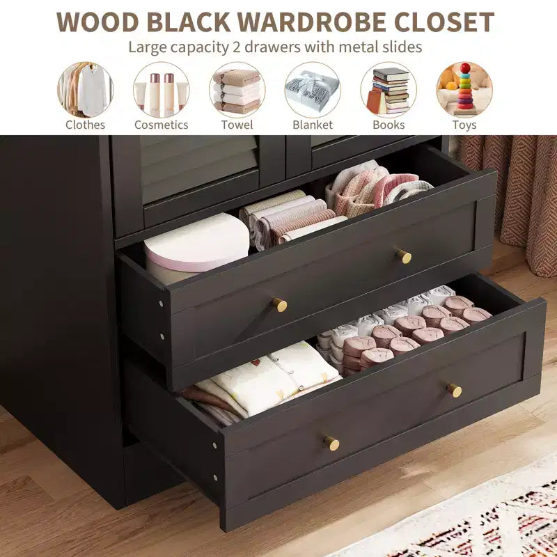 Armoire à persiennes 65", placard en bois durable avec tiroirs et tringle à vêtements, usage multiple pour la buanderie et l'entrée