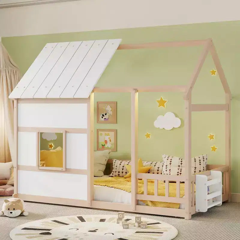 Lit cabane Bellemave avec lumières LED 7 couleurs, cadre de lit cabane en bois avec fenêtre pour enfants