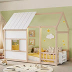 Lit cabane Bellemave avec lumières LED 7 couleurs, cadre de lit cabane en bois avec fenêtre pour enfants