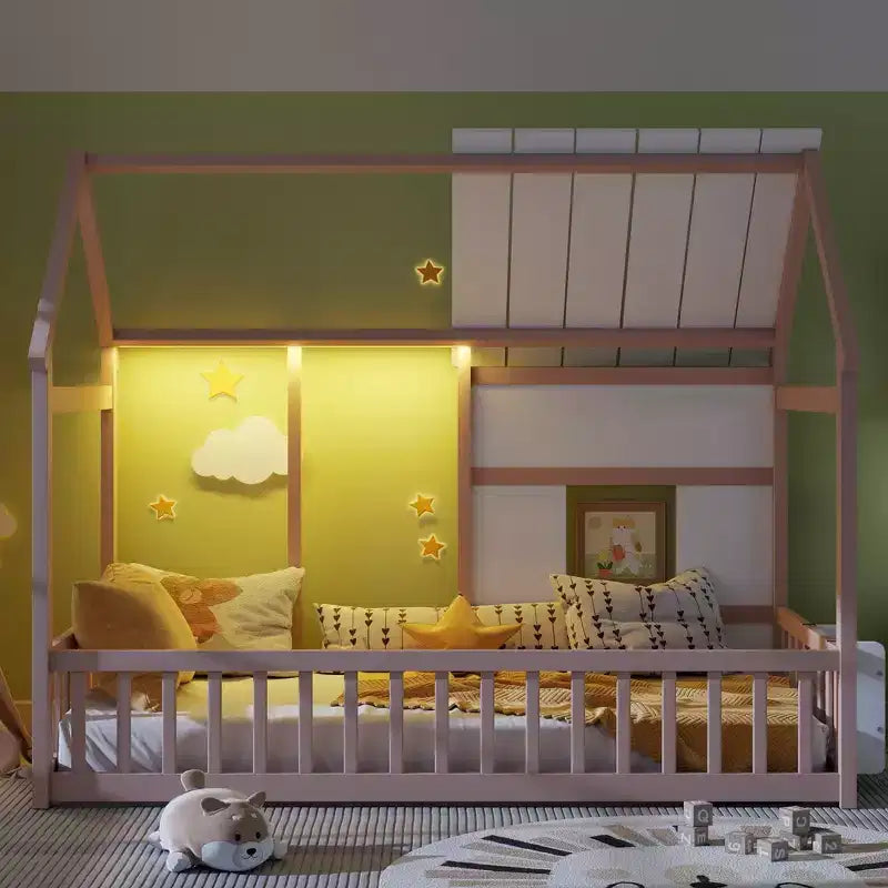 Lit cabane Bellemave avec lumières LED 7 couleurs, cadre de lit cabane en bois avec fenêtre pour enfants