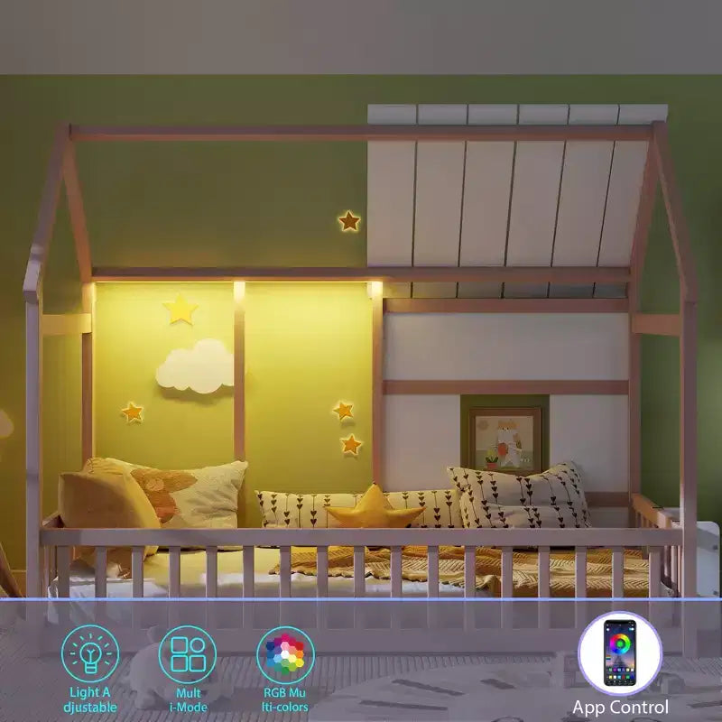 Lit cabane Bellemave avec lumières LED 7 couleurs, cadre de lit cabane en bois avec fenêtre pour enfants