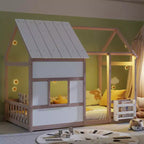 Lit cabane Bellemave avec lumières LED 7 couleurs, cadre de lit cabane en bois avec fenêtre pour enfants