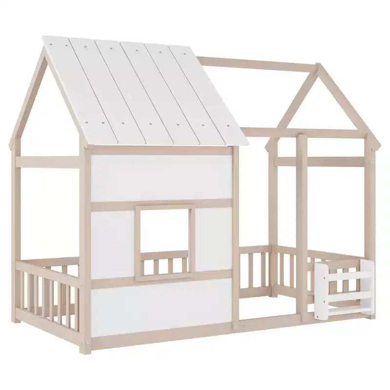 Lit cabane Bellemave avec lumières LED 7 couleurs, cadre de lit cabane en bois avec fenêtre pour enfants