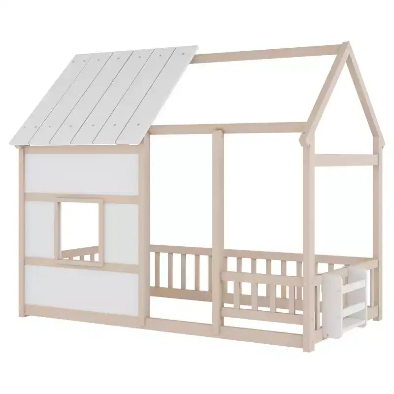 Lit cabane Bellemave avec lumières LED 7 couleurs, cadre de lit cabane en bois avec fenêtre pour enfants