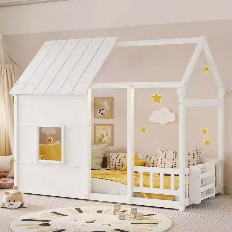 Lit cabane Bellemave avec lumières LED 7 couleurs, cadre de lit cabane en bois avec fenêtre pour enfants