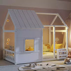 Lit cabane Bellemave avec lumières LED 7 couleurs, cadre de lit cabane en bois avec fenêtre pour enfants