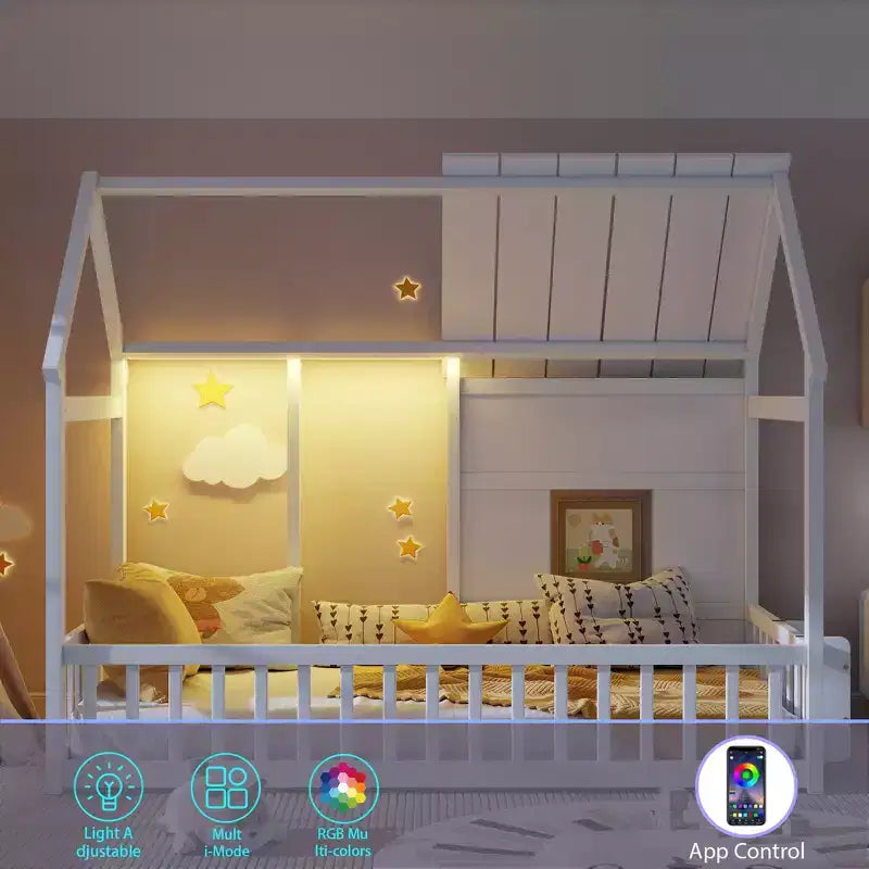 Lit cabane Bellemave avec lumières LED 7 couleurs, cadre de lit cabane en bois avec fenêtre pour enfants