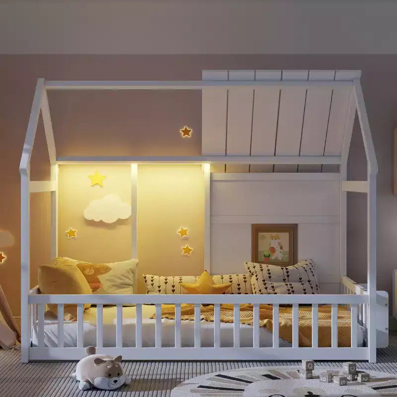 Lit cabane Bellemave avec lumières LED 7 couleurs, cadre de lit cabane en bois avec fenêtre pour enfants