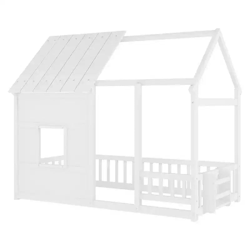 Lit cabane Bellemave avec lumières LED 7 couleurs, cadre de lit cabane en bois avec fenêtre pour enfants