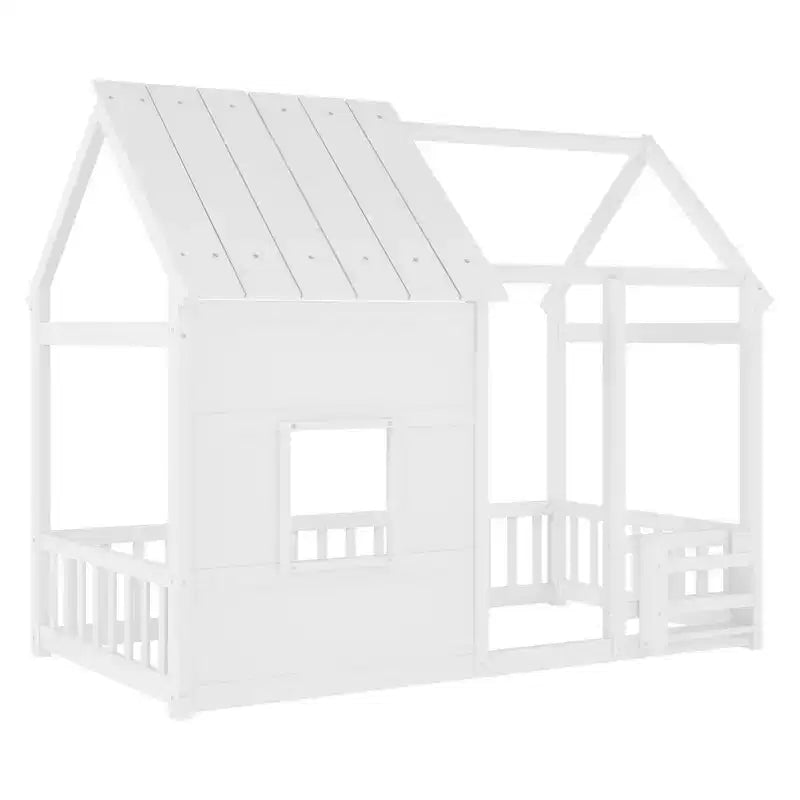 Lit cabane Bellemave avec lumières LED 7 couleurs, cadre de lit cabane en bois avec fenêtre pour enfants