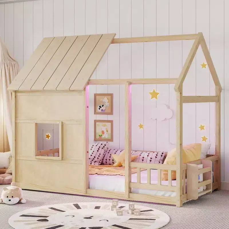 Lit cabane Bellemave avec lumières LED 7 couleurs, cadre de lit cabane en bois avec fenêtre pour enfants