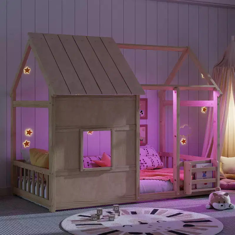 Lit cabane Bellemave avec lumières LED 7 couleurs, cadre de lit cabane en bois avec fenêtre pour enfants