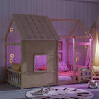 Lit cabane Bellemave avec lumières LED 7 couleurs, cadre de lit cabane en bois avec fenêtre pour enfants