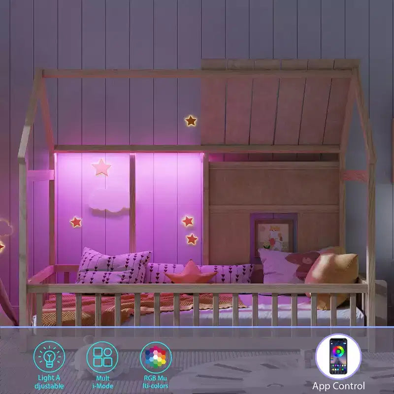Lit cabane Bellemave avec lumières LED 7 couleurs, cadre de lit cabane en bois avec fenêtre pour enfants