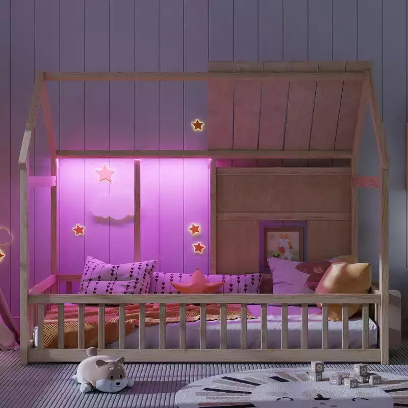 Lit cabane Bellemave avec lumières LED 7 couleurs, cadre de lit cabane en bois avec fenêtre pour enfants