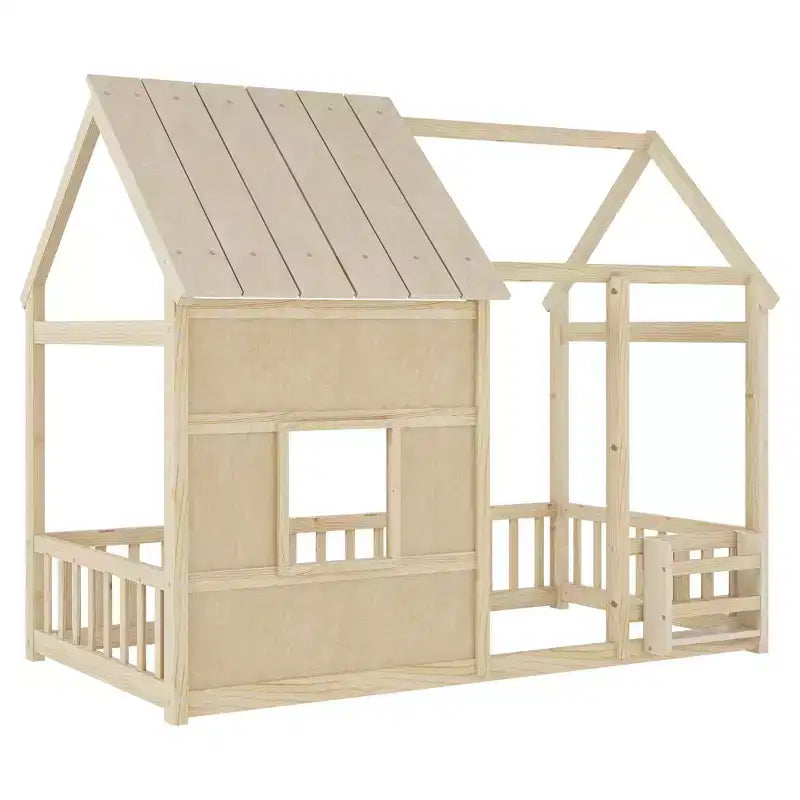 Lit cabane Bellemave avec lumières LED 7 couleurs, cadre de lit cabane en bois avec fenêtre pour enfants