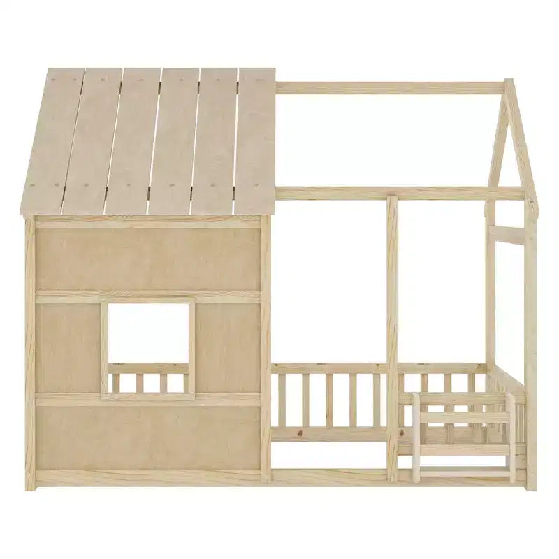Lit cabane Bellemave avec lumières LED 7 couleurs, cadre de lit cabane en bois avec fenêtre pour enfants