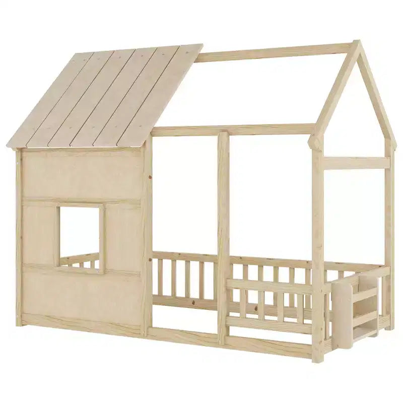 Lit cabane Bellemave avec lumières LED 7 couleurs, cadre de lit cabane en bois avec fenêtre pour enfants