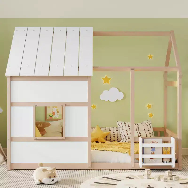 Lit cabane Bellemave avec lumières LED 7 couleurs, cadre de lit cabane en bois avec fenêtre pour enfants