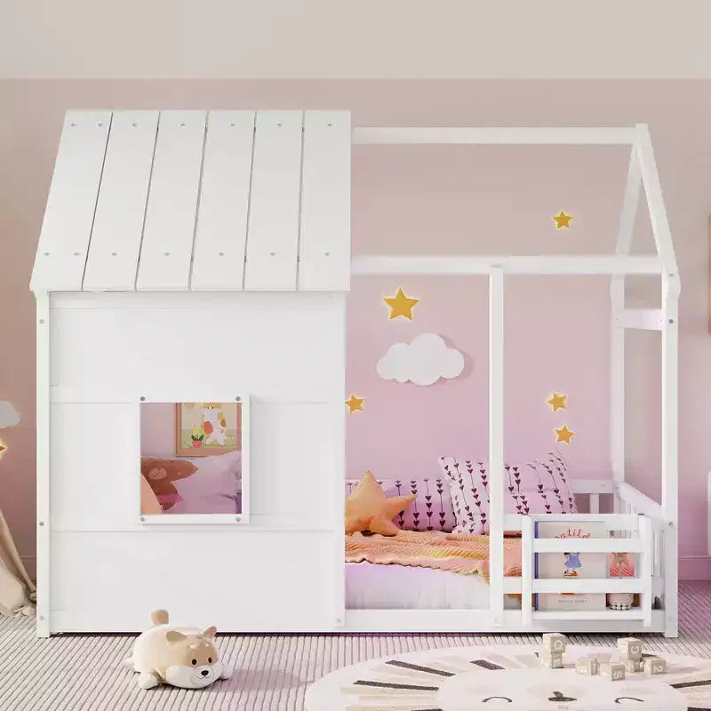 Lit cabane Bellemave avec lumières LED 7 couleurs, cadre de lit cabane en bois avec fenêtre pour enfants