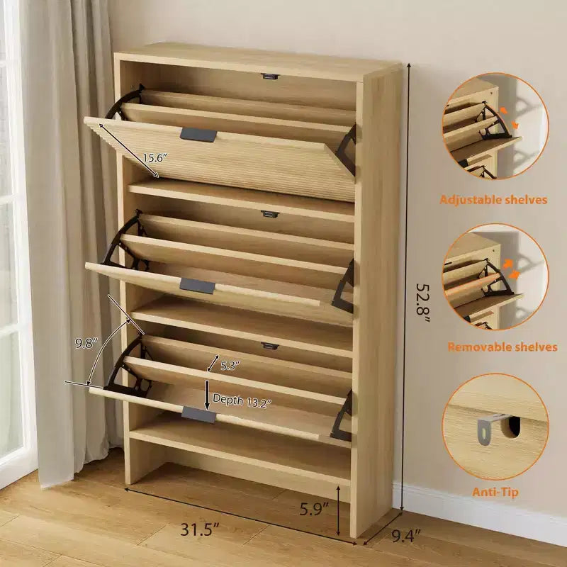 Meuble à chaussures haut cannelé avec 3 tiroirs basculants, meuble de rangement à chaussures dissimulé autonome de 32 po de large pour entrée étroite, couloir et placard
