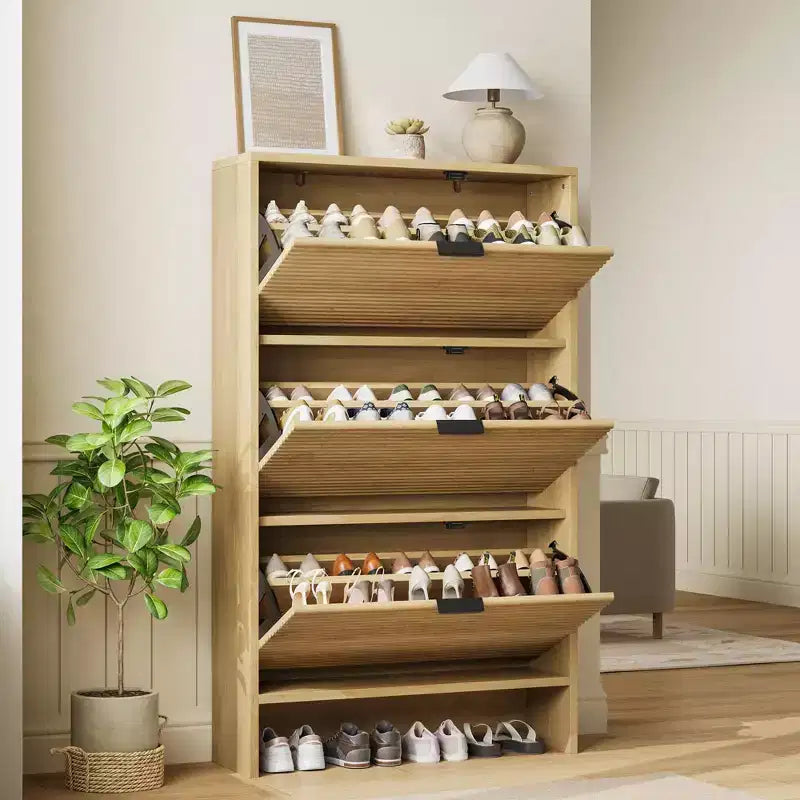 Meuble à chaussures haut cannelé avec 3 tiroirs basculants, meuble de rangement à chaussures dissimulé autonome de 32 po de large pour entrée étroite, couloir et placard