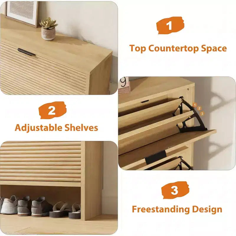 Meuble à chaussures haut cannelé avec 3 tiroirs basculants, meuble de rangement à chaussures dissimulé autonome de 32 po de large pour entrée étroite, couloir et placard