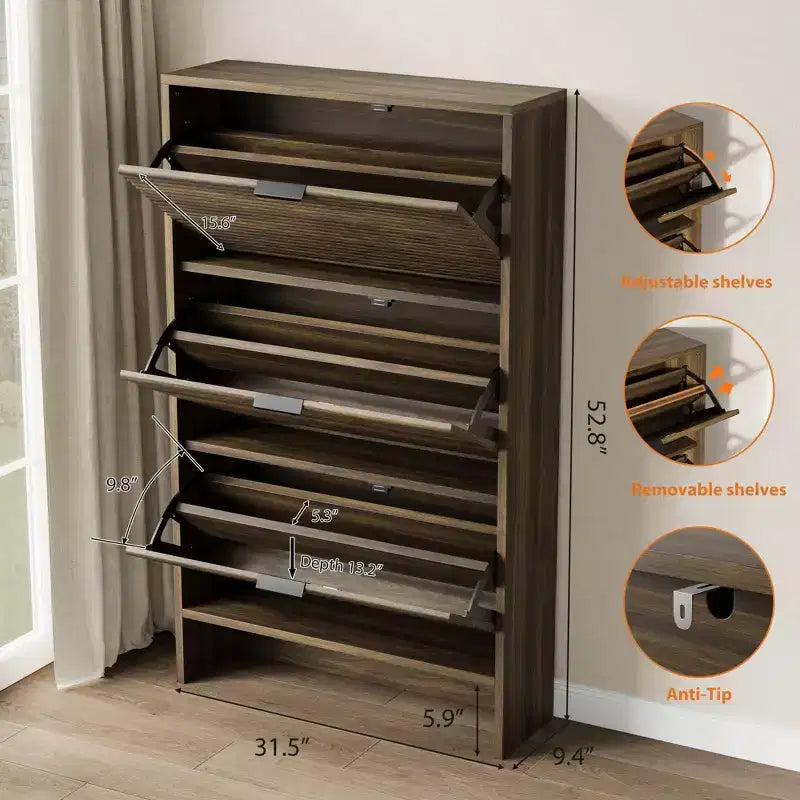 Meuble à chaussures haut cannelé avec 3 tiroirs basculants, meuble de rangement à chaussures dissimulé autonome de 32 po de large pour entrée étroite, couloir et placard