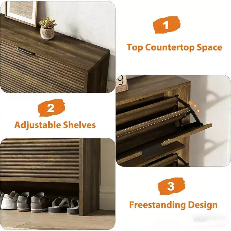 Meuble à chaussures haut cannelé avec 3 tiroirs basculants, meuble de rangement à chaussures dissimulé autonome de 32 po de large pour entrée étroite, couloir et placard