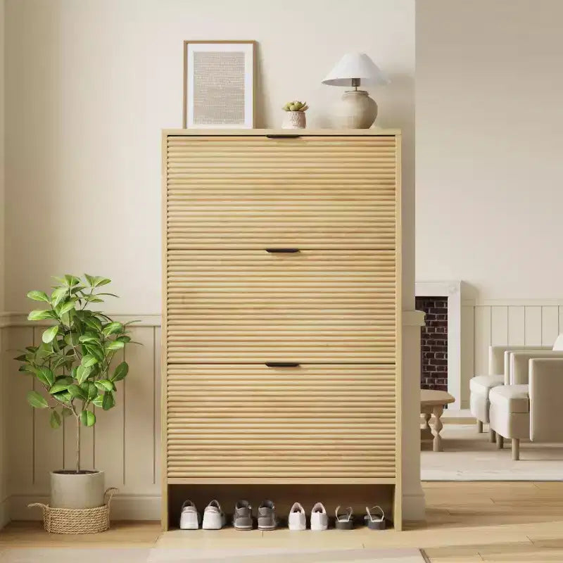 Meuble à chaussures haut cannelé avec 3 tiroirs basculants, meuble de rangement à chaussures dissimulé autonome de 32 po de large pour entrée étroite, couloir et placard