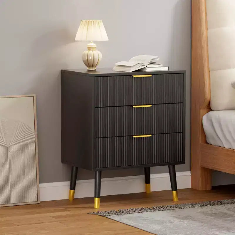 Commode à 3 tiroirs, 2 buffets cannelés avec poignées et glissières en métal, Table de buffet pour salon, couloir, cuisine, Noir