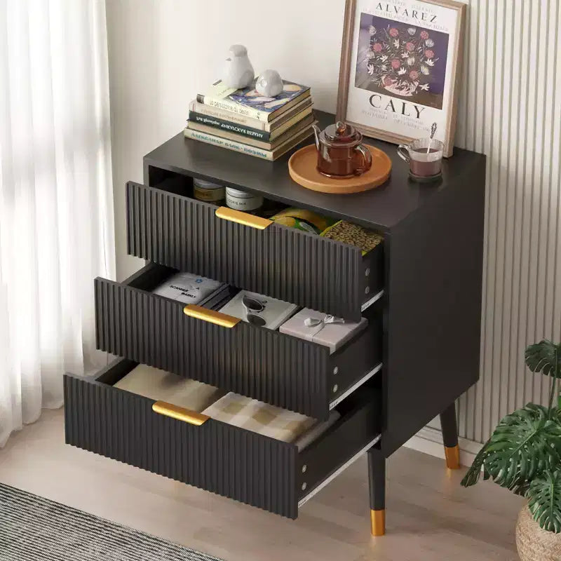 Commode à 3 tiroirs, 2 buffets cannelés avec poignées et glissières en métal, Table de buffet pour salon, couloir, cuisine, Noir