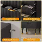 Commode à 3 tiroirs, 2 buffets cannelés avec poignées et glissières en métal, Table de buffet pour salon, couloir, cuisine, Noir