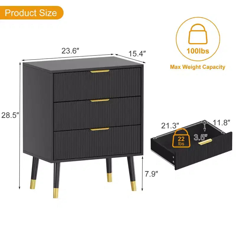 Commode à 3 tiroirs, 2 buffets cannelés avec poignées et glissières en métal, Table de buffet pour salon, couloir, cuisine, Noir