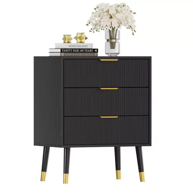 Commode à 3 tiroirs, 2 buffets cannelés avec poignées et glissières en métal, Table de buffet pour salon, couloir, cuisine, Noir