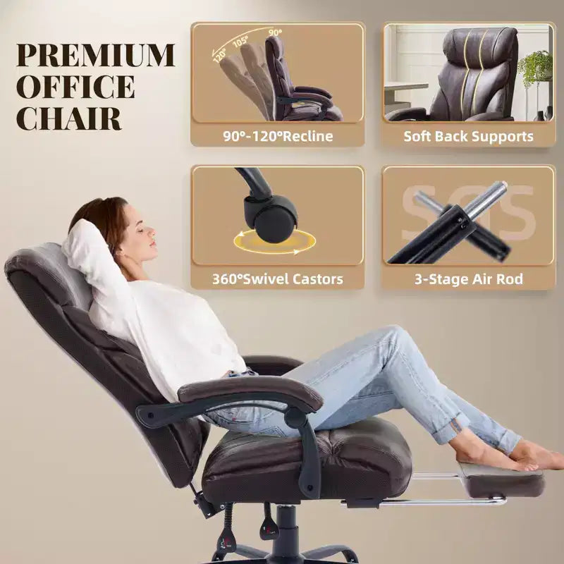 Fauteuil de bureau grande taille, capacité de 227 kg, fauteuil de direction inclinable avec repose-pieds, chaise de bureau ergonomique en cuir, couleur café