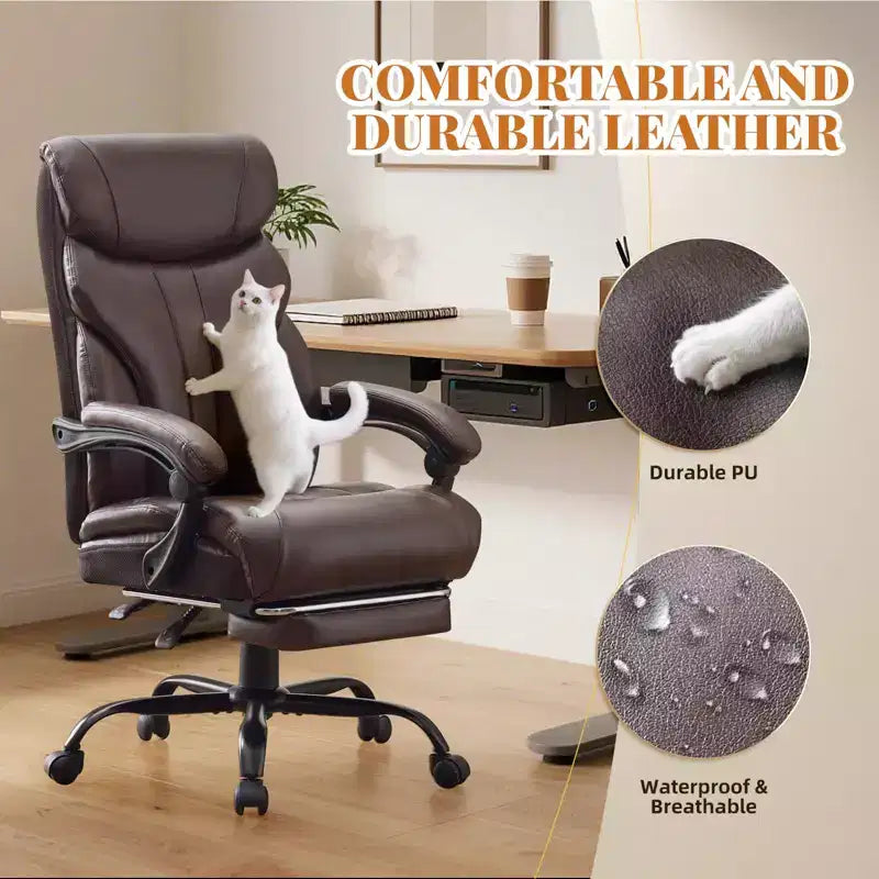 Fauteuil de bureau grande taille, capacité de 227 kg, fauteuil de direction inclinable avec repose-pieds, chaise de bureau ergonomique en cuir, couleur café