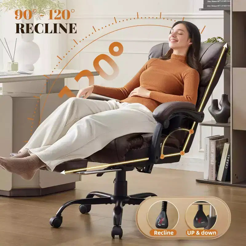 Fauteuil de bureau grande taille, capacité de 227 kg, fauteuil de direction inclinable avec repose-pieds, chaise de bureau ergonomique en cuir, couleur café