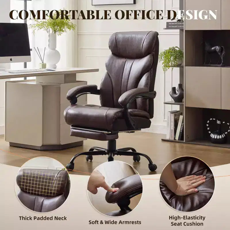 Fauteuil de bureau grande taille, capacité de 227 kg, fauteuil de direction inclinable avec repose-pieds, chaise de bureau ergonomique en cuir, couleur café