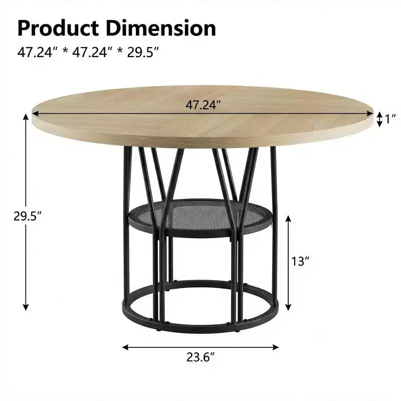 Table à manger ronde moderne 47" pour 4 à 6 personnes, table de cuisine circulaire avec étagère de rangement et cadre en métal robuste pour salle à manger et appartement
