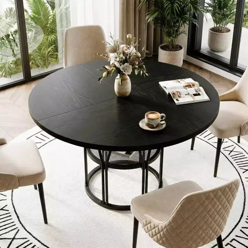Table à manger ronde moderne 47" pour 4 à 6 personnes, table de cuisine circulaire avec étagère de rangement et cadre en métal robuste pour salle à manger et appartement
