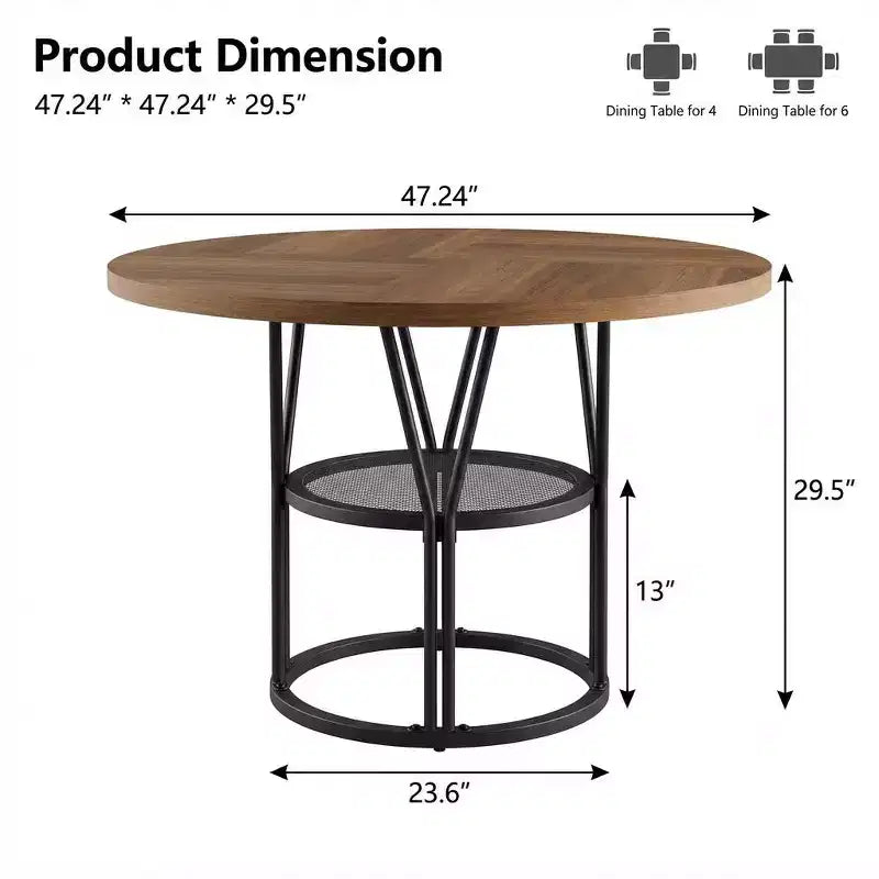 Table à manger ronde moderne 47" pour 4 à 6 personnes, table de cuisine circulaire avec étagère de rangement et cadre en métal robuste pour salle à manger et appartement